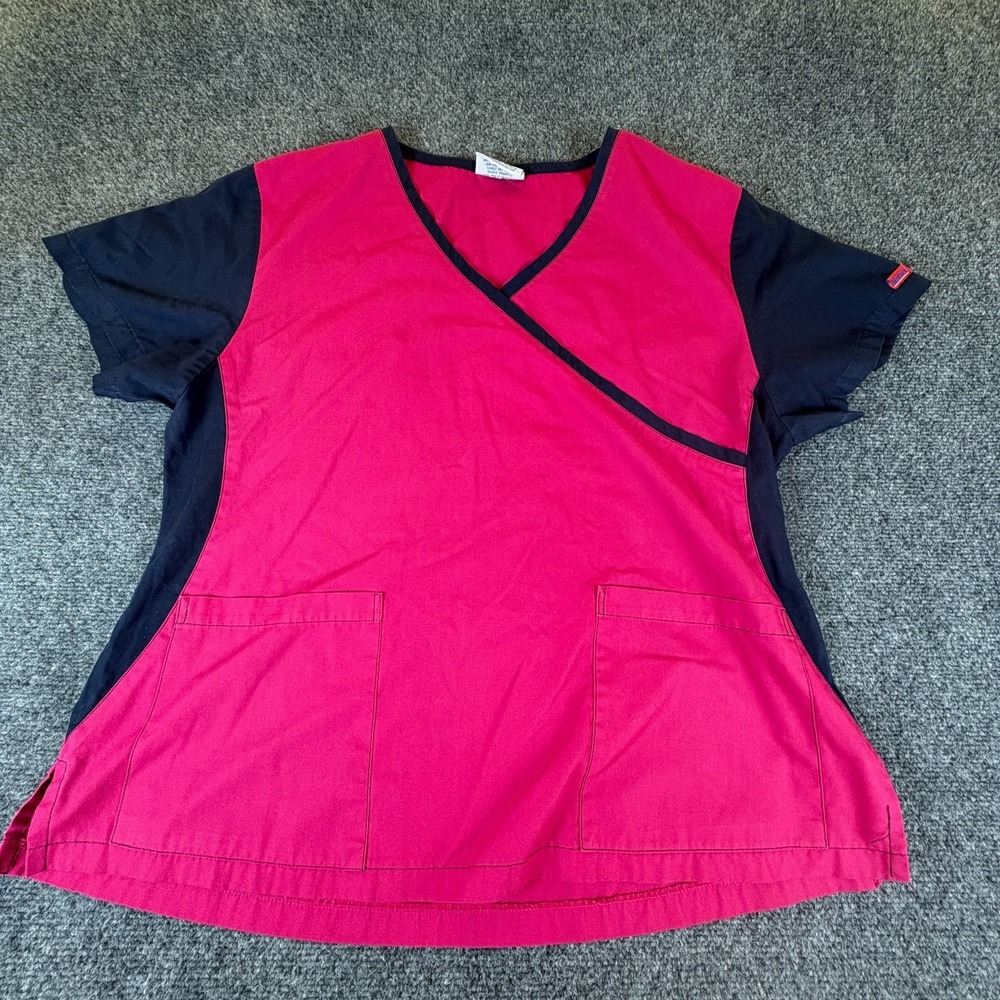 Reina Uniforms Medical Scrub Top Womens XL Pink‎ Navy Microfiber Surplice Neck